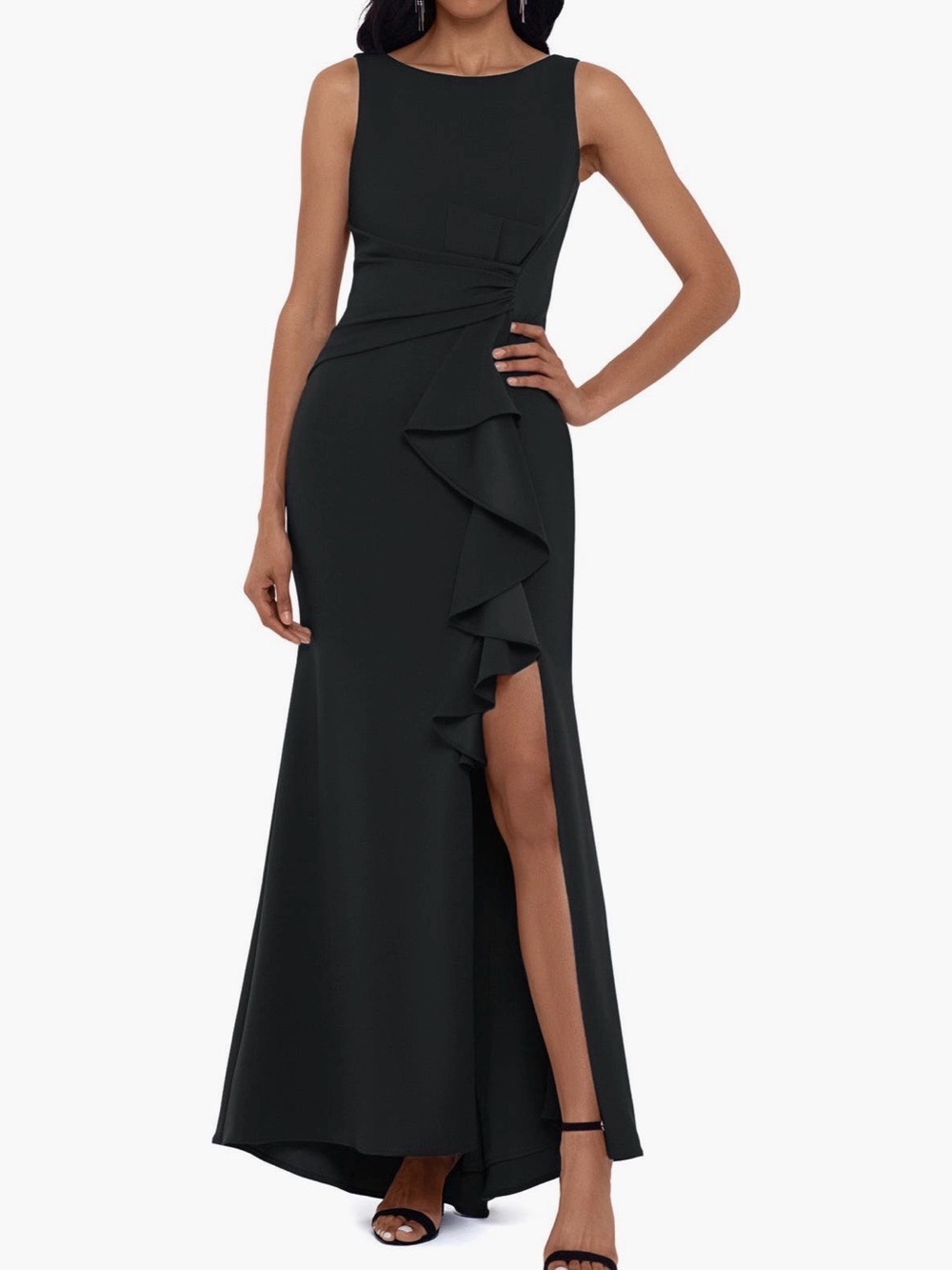 Betsy & Adam Black One-Shoulder Ruffle-Slit Evening Gown